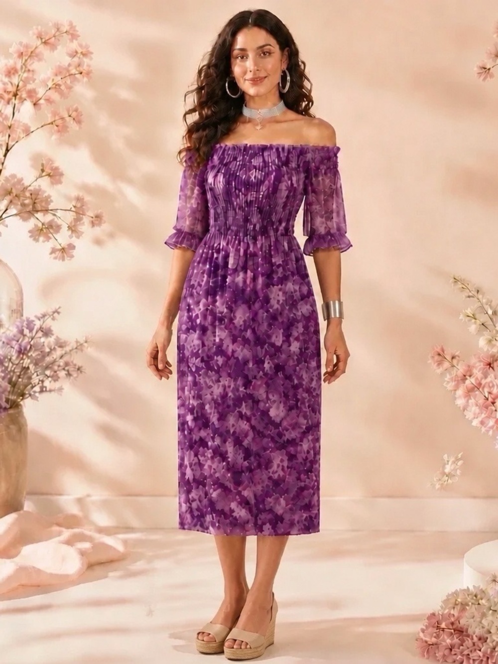 Terra & Sky Purple Floral Midi Dress